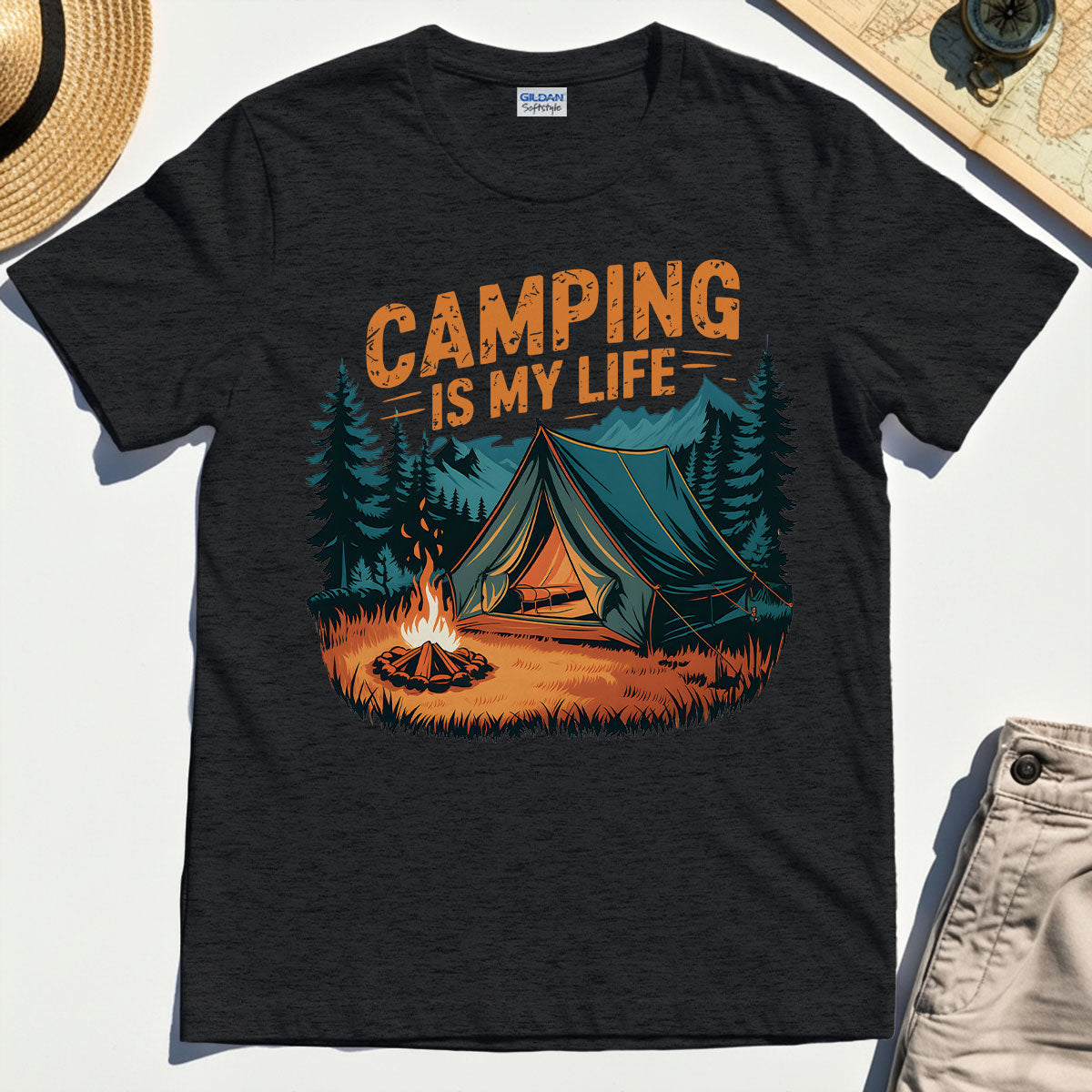 “Camping Is My Life” Tent and Bonfire Christmas Camping T-Shirt