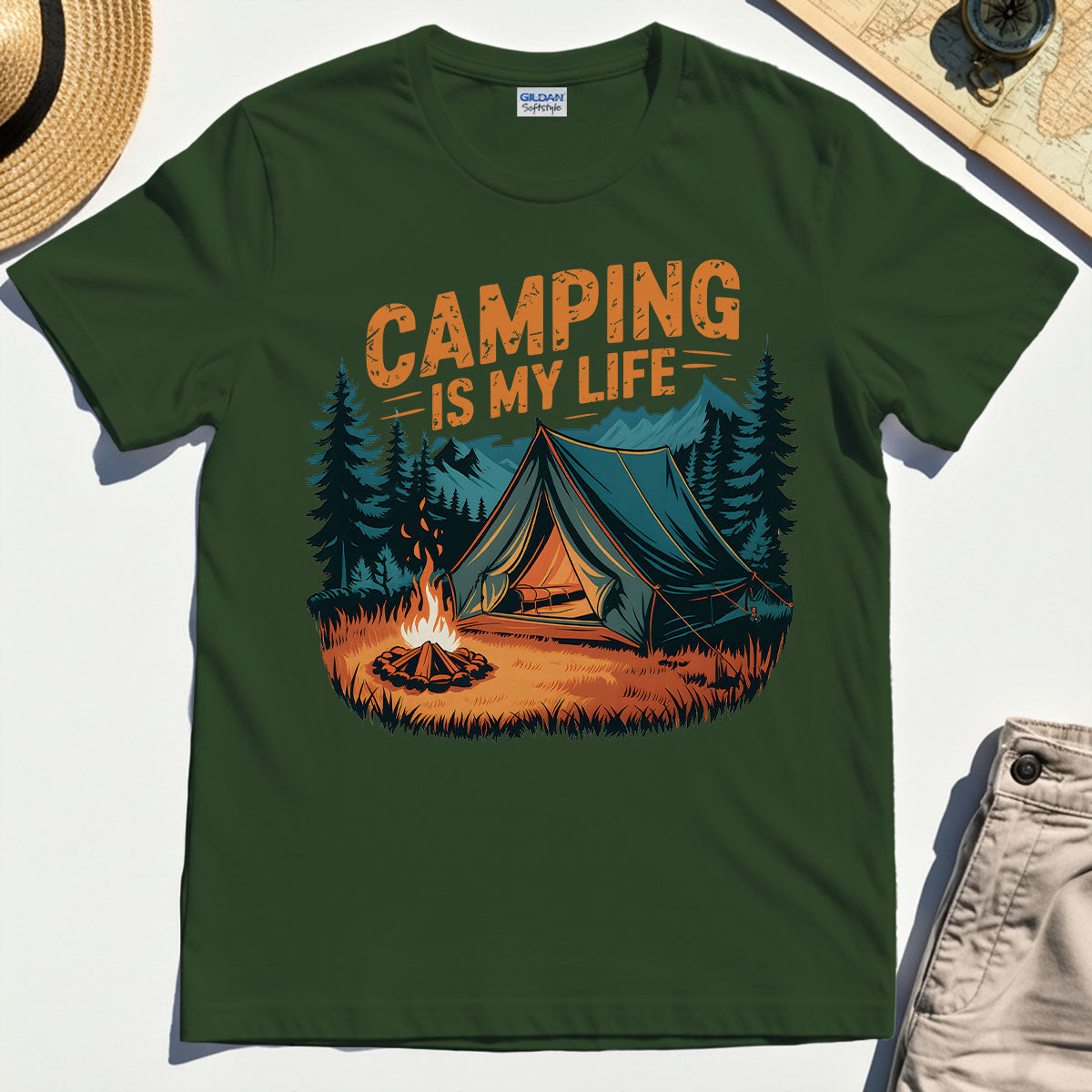 “Camping Is My Life” Tent and Bonfire Christmas Camping T-Shirt