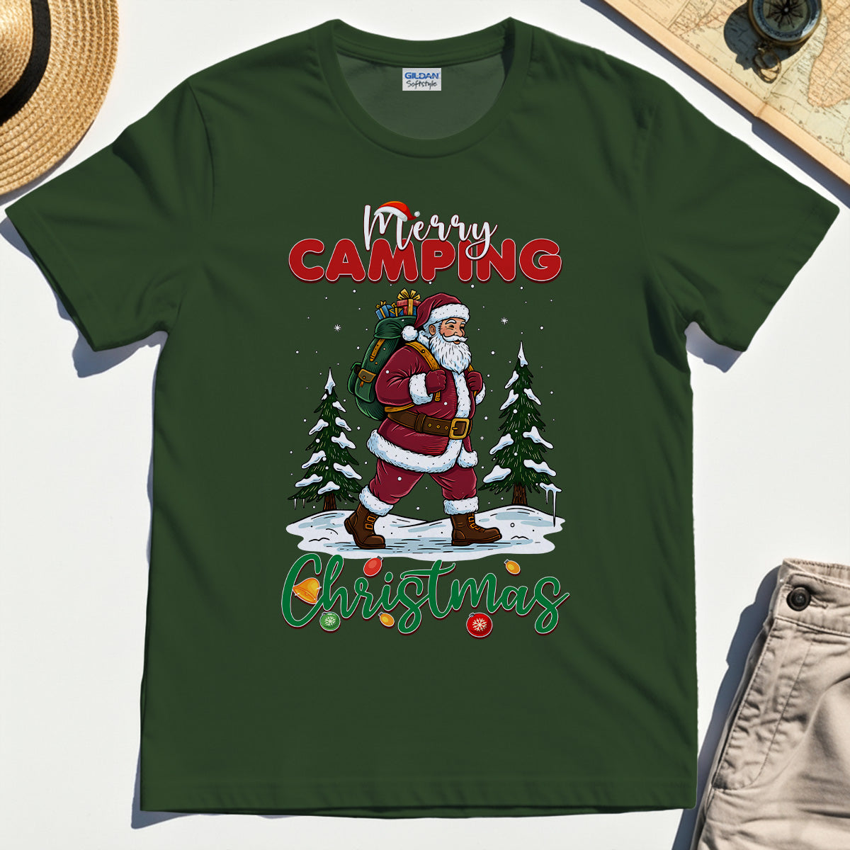 Santa With Backpack Camping Christmas T-Shirt