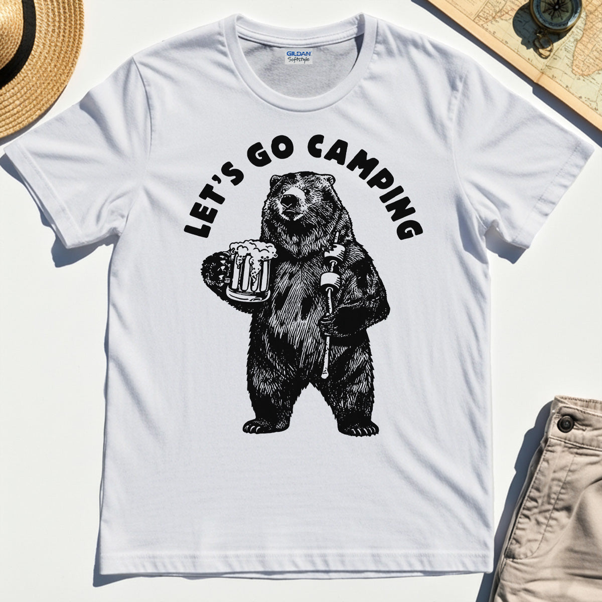 Let’s Go Camping Funny Bear Drinking Beer T-Shirt