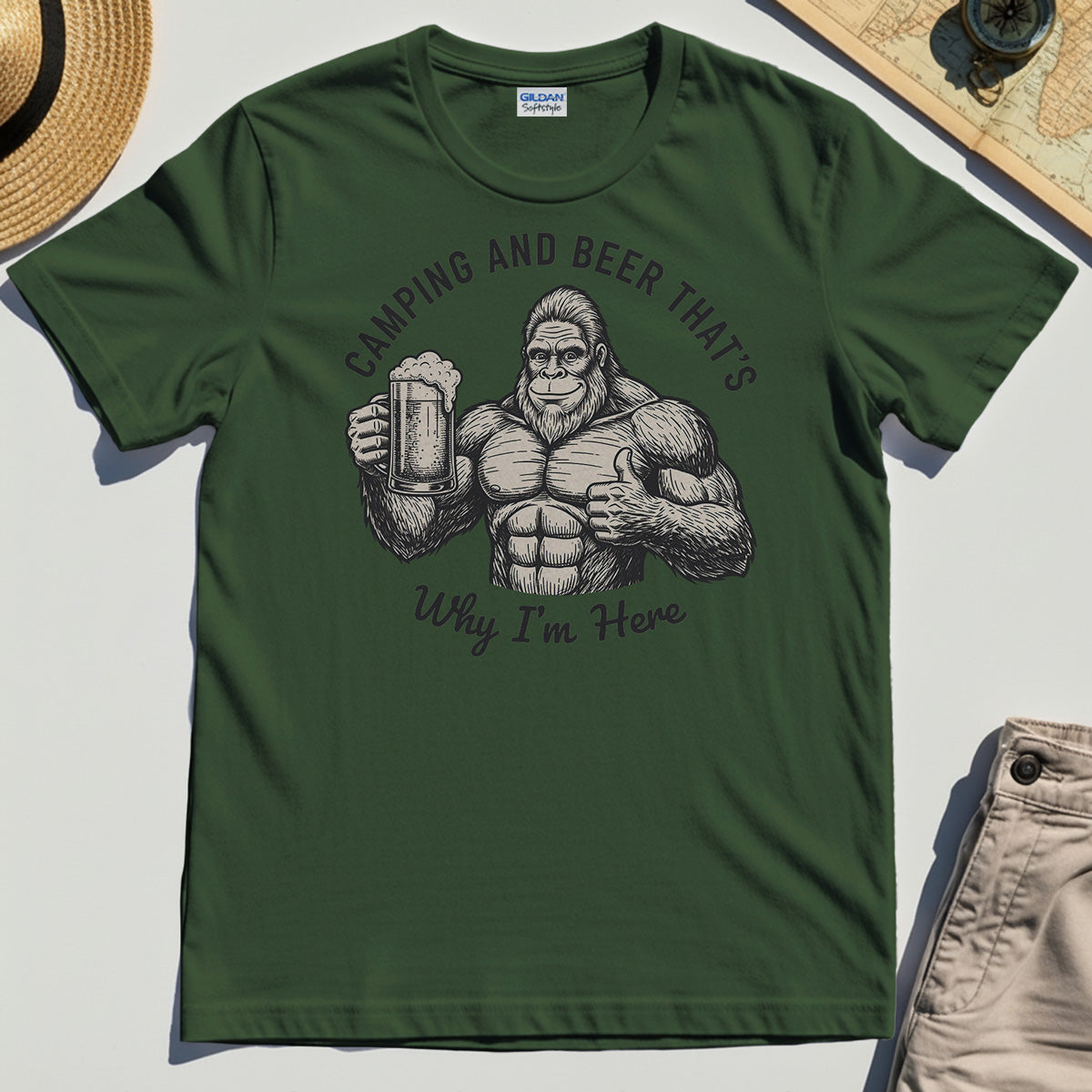 “Camping and Beer That’s Why I’m Here” Funny Bigfoot Camping T-Shirt
