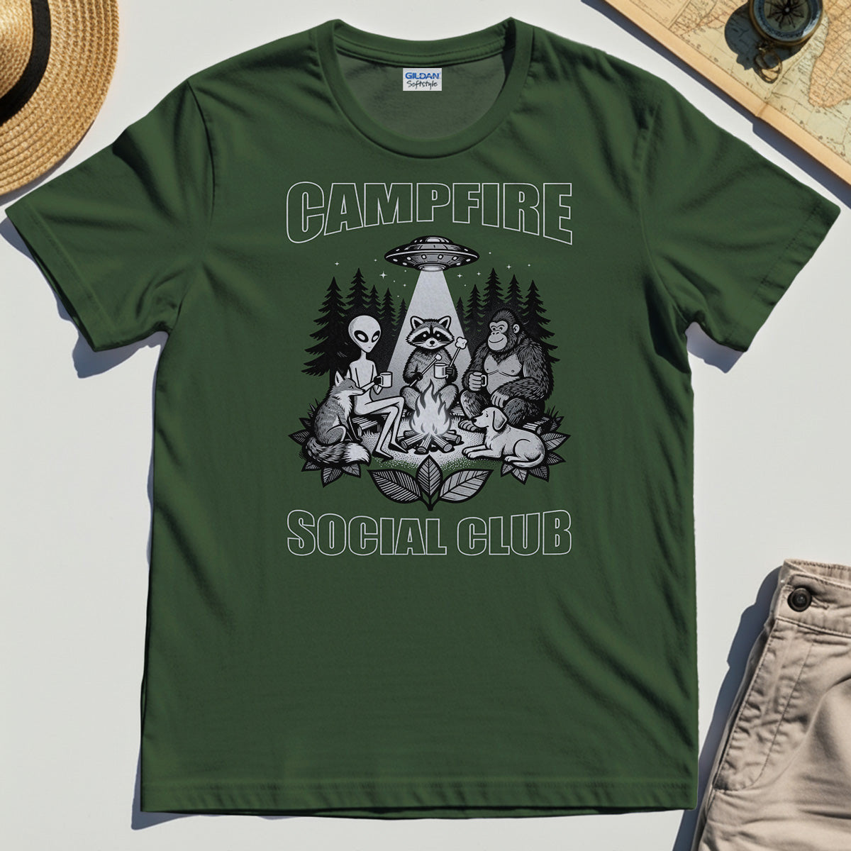 Campfire Social Club With Alien, Bigfoot, UFO And Raccoon T-Shirt