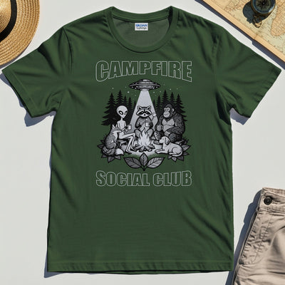Campfire Social Club With Alien, Bigfoot, UFO And Raccoon T-Shirt