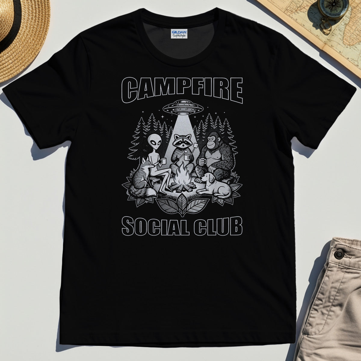 Campfire Social Club With Alien, Bigfoot, UFO And Raccoon T-Shirt