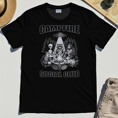 Campfire Social Club With Alien, Bigfoot, UFO And Raccoon T-Shirt