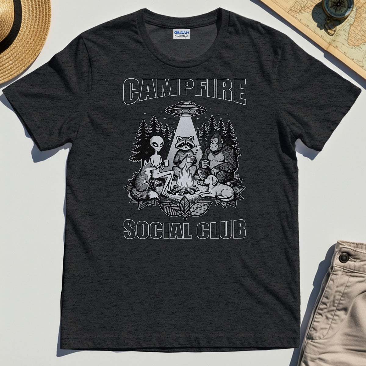 Campfire Social Club With Alien, Bigfoot, UFO And Raccoon T-Shirt