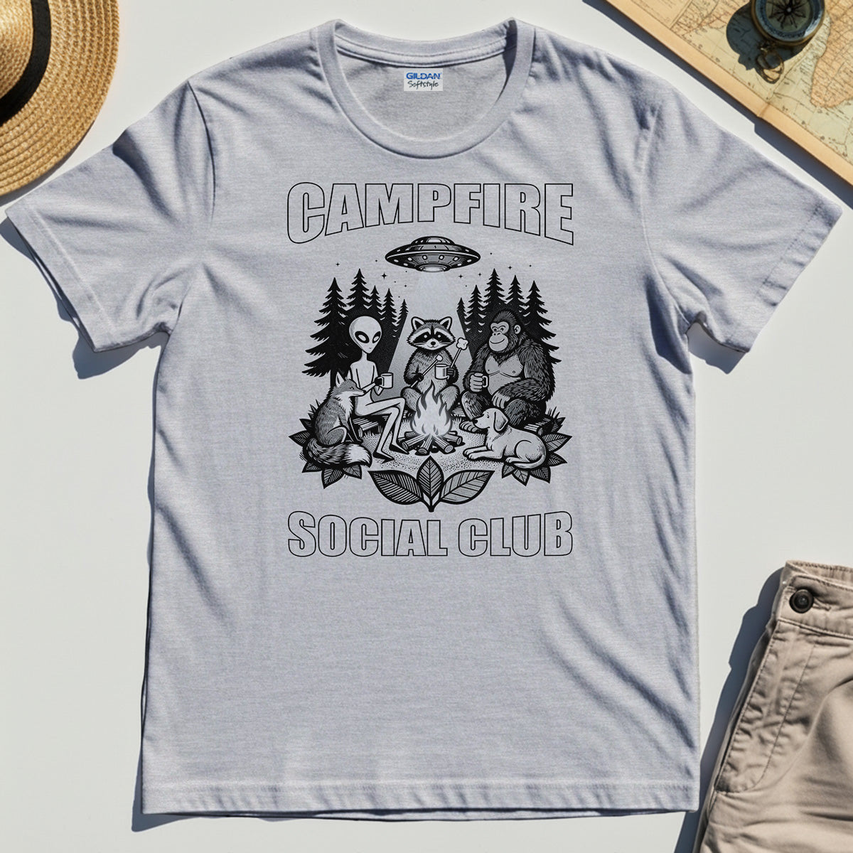 Campfire Social Club With Alien, Bigfoot, UFO And Raccoon T-Shirt