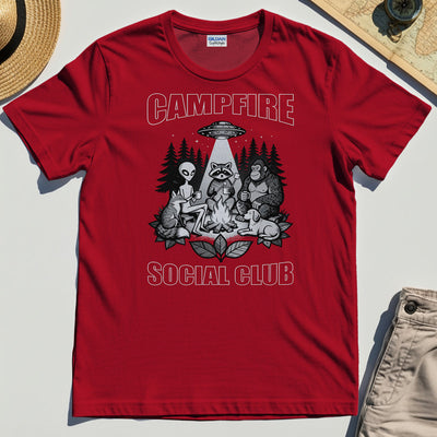 Campfire Social Club With Alien, Bigfoot, UFO And Raccoon T-Shirt