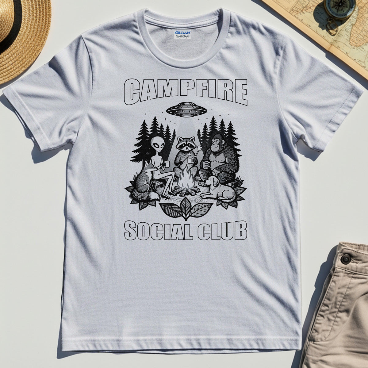 Campfire Social Club With Alien, Bigfoot, UFO And Raccoon T-Shirt