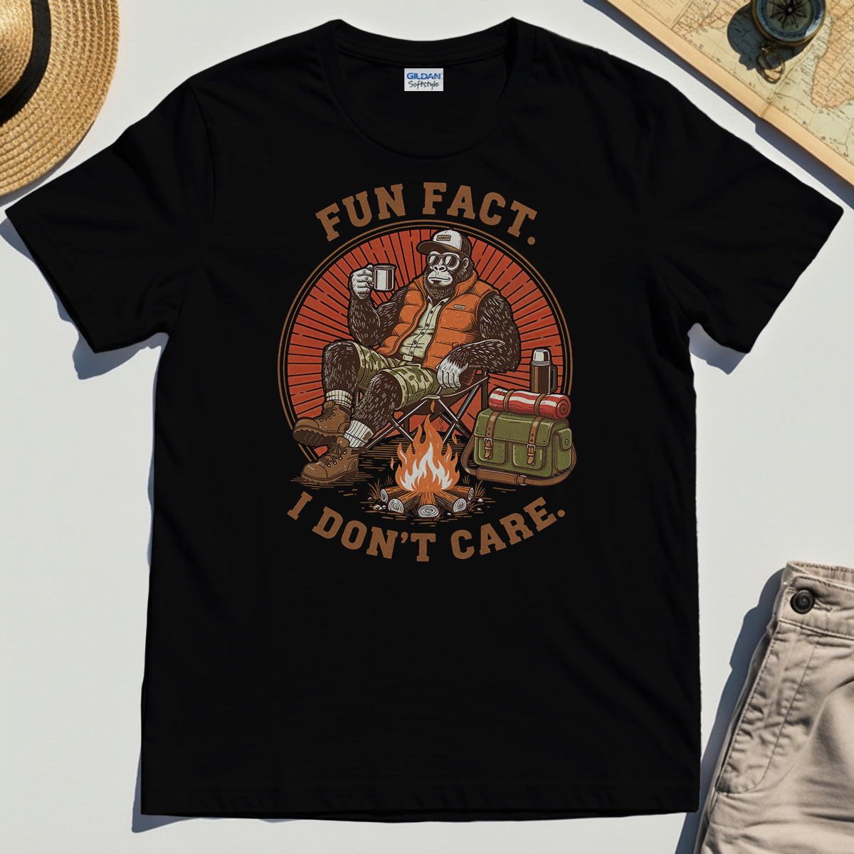 Funny Bigfoot Camping T-Shirt, “Fun Fact I Don’t Care”