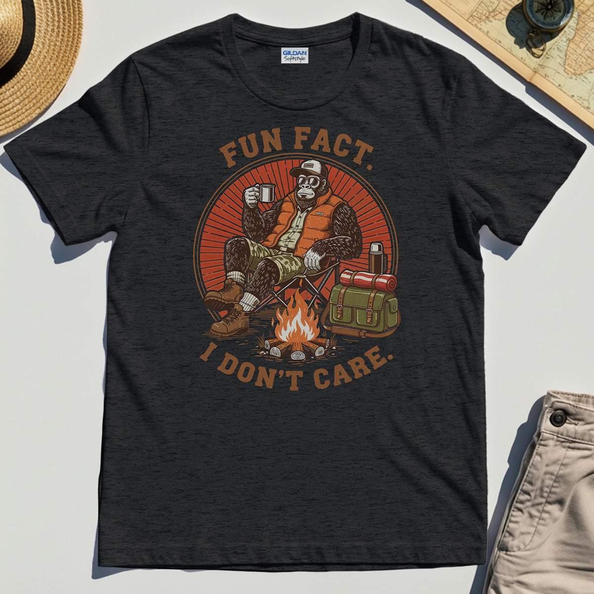 Funny Bigfoot Camping T-Shirt, “Fun Fact I Don’t Care”
