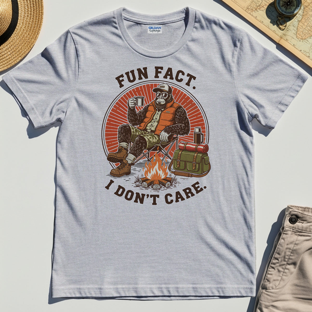 Funny Bigfoot Camping T-Shirt, “Fun Fact I Don’t Care”