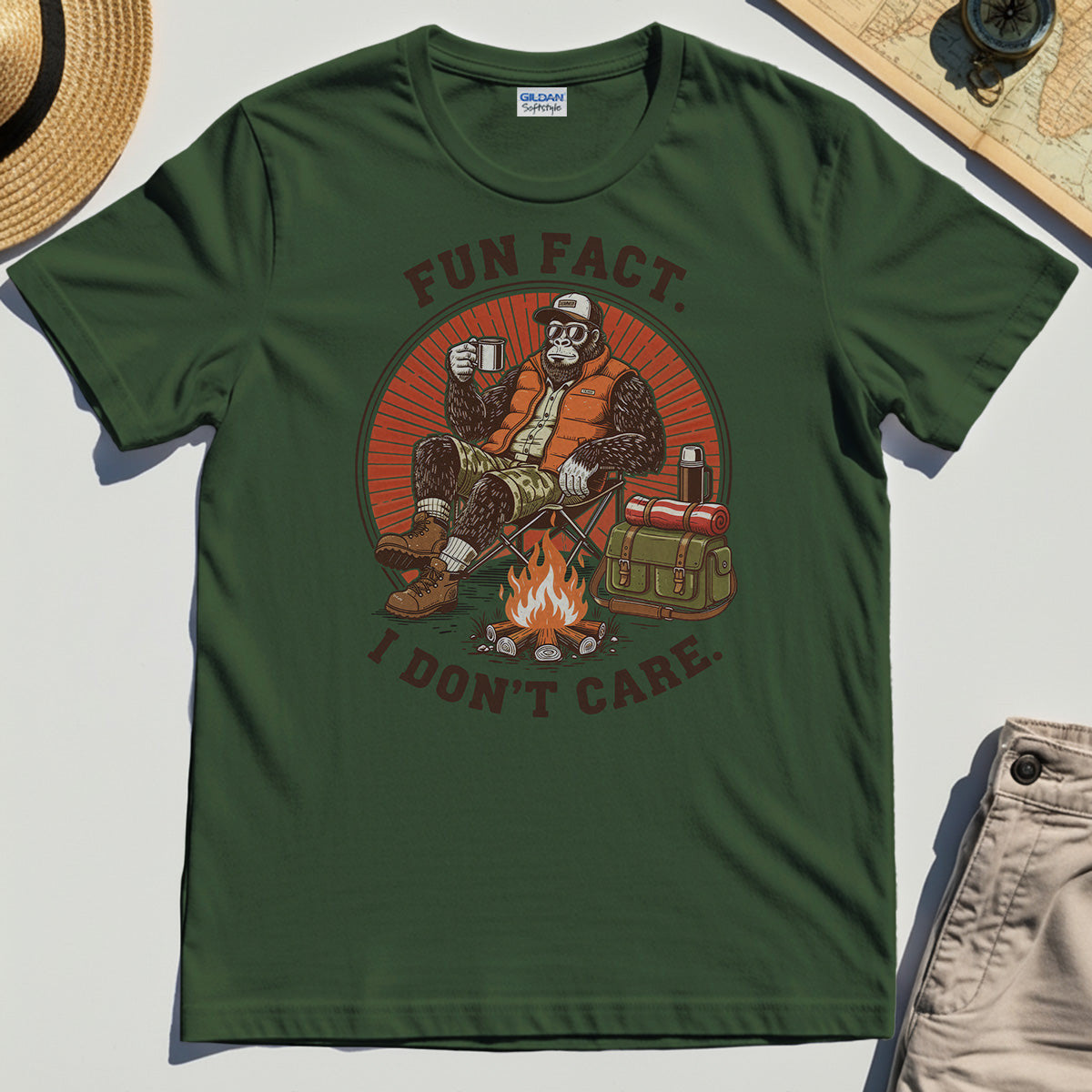 Funny Bigfoot Camping T-Shirt, “Fun Fact I Don’t Care”