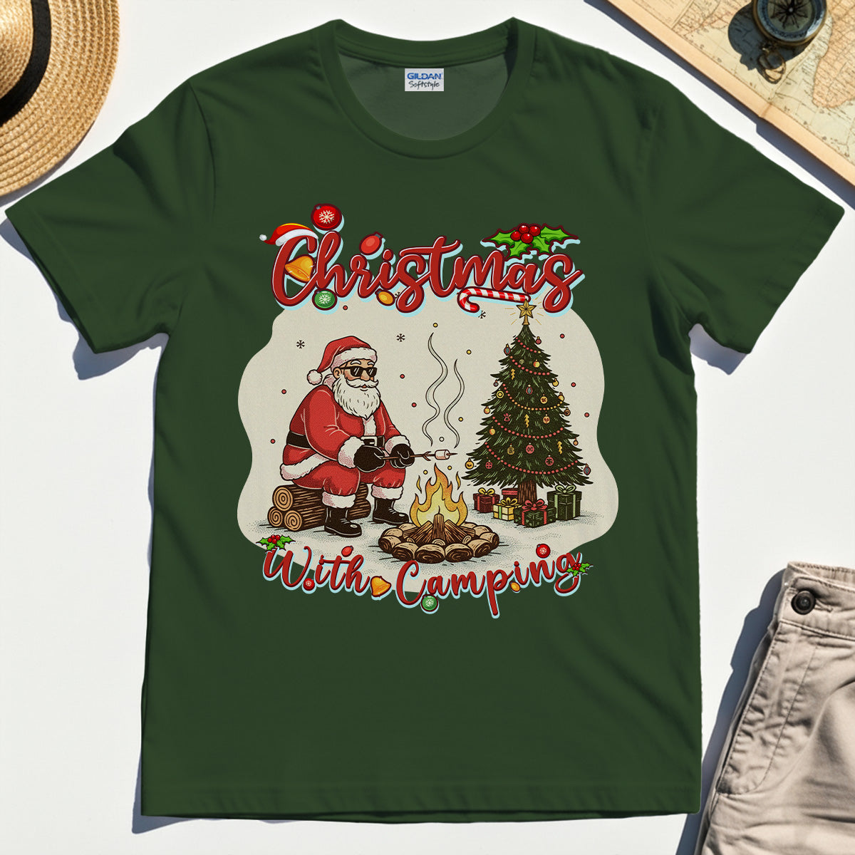 “Christmas With Camping” Santa By Fire Outdoor Tee