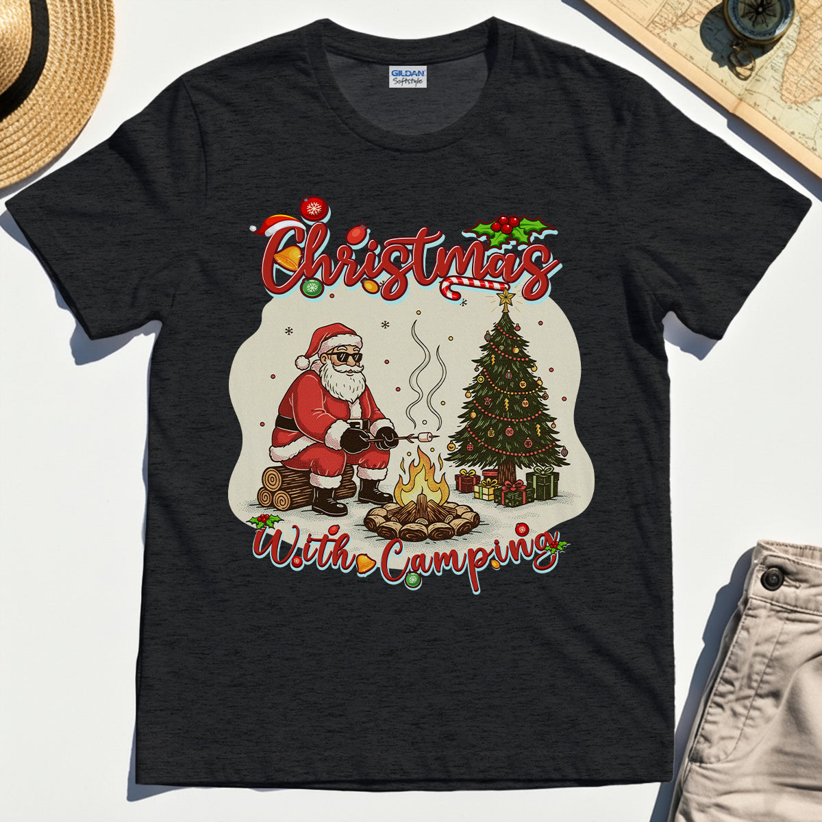 “Christmas With Camping” Santa By Fire Outdoor Tee