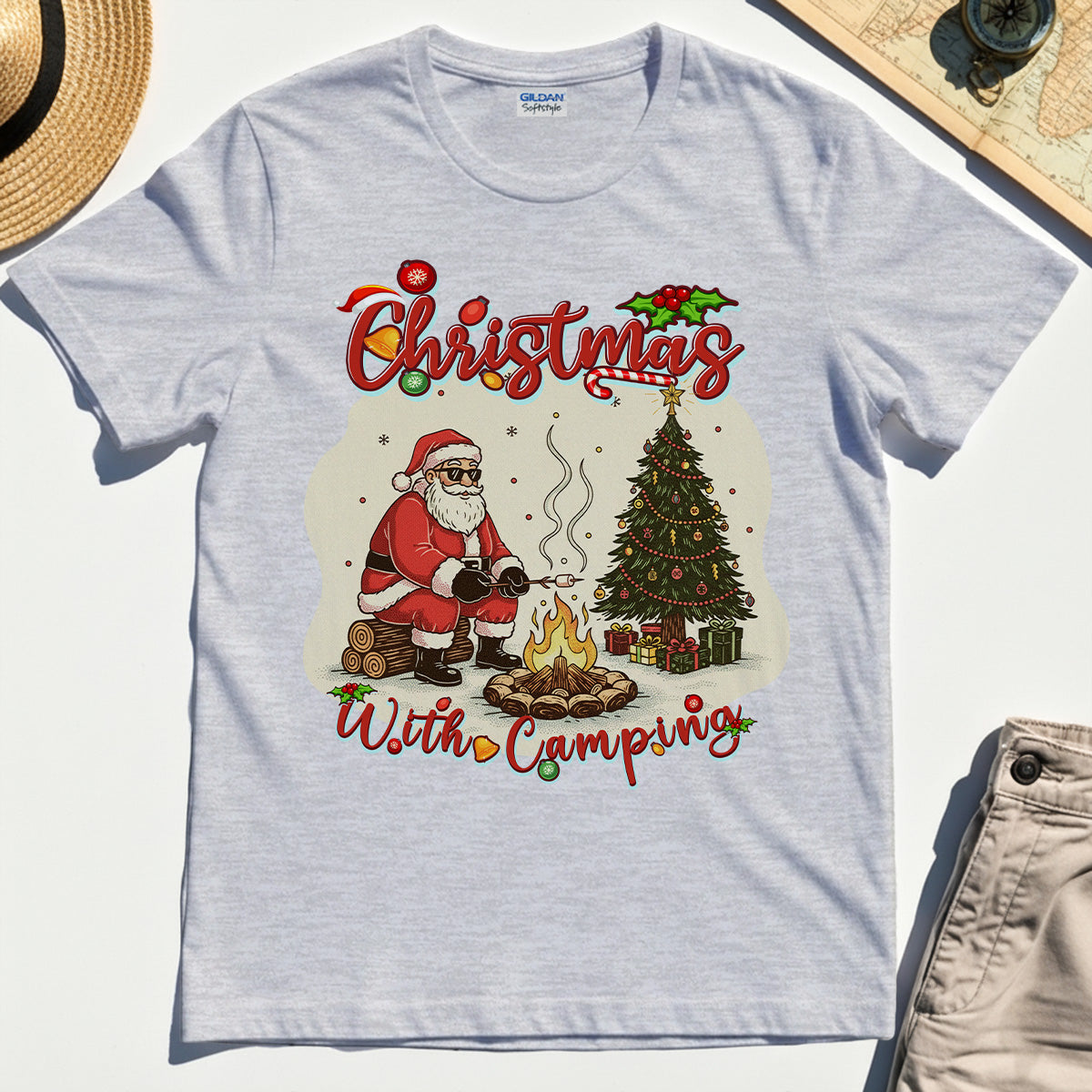 “Christmas With Camping” Santa By Fire Outdoor Tee