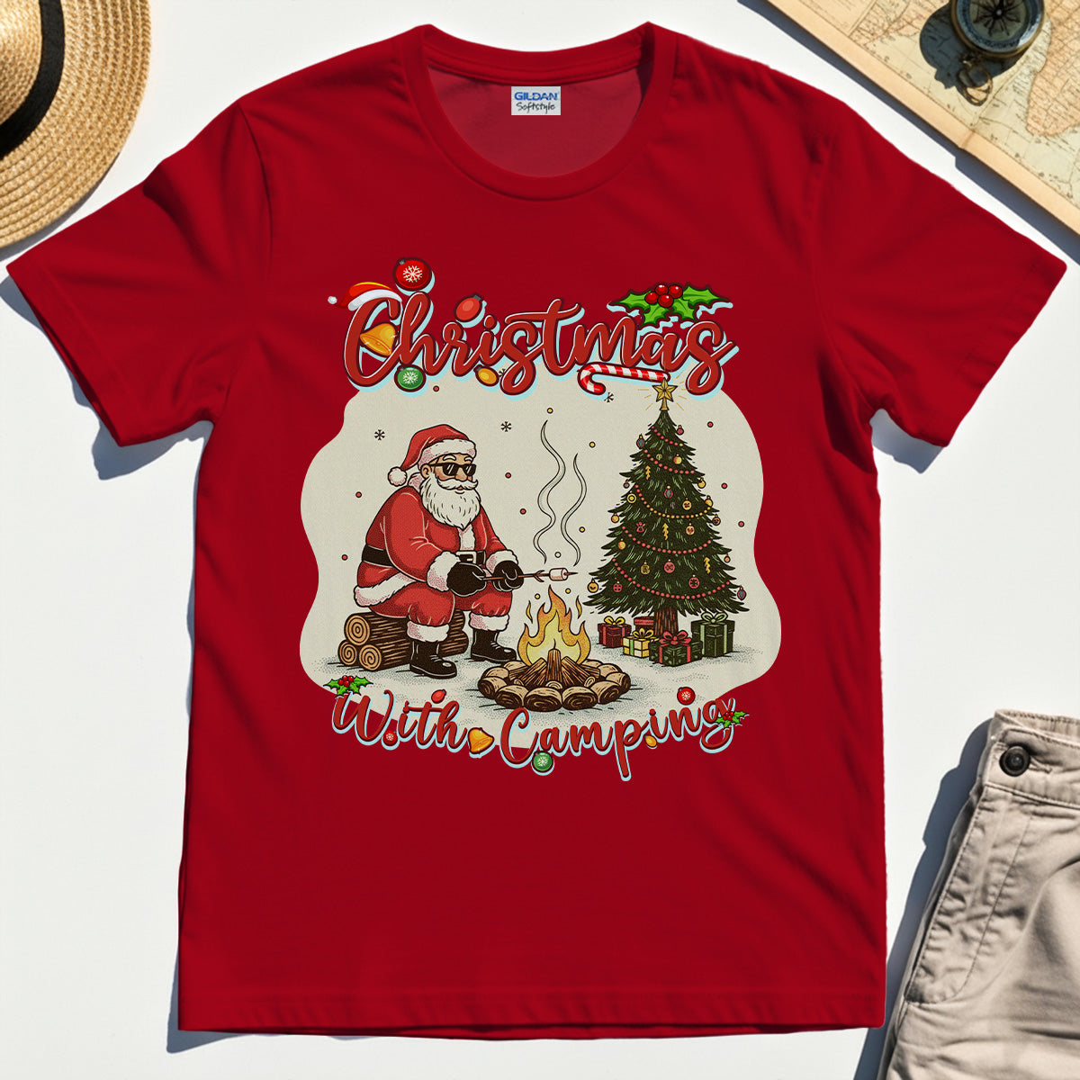 “Christmas With Camping” Santa By Fire Outdoor Tee