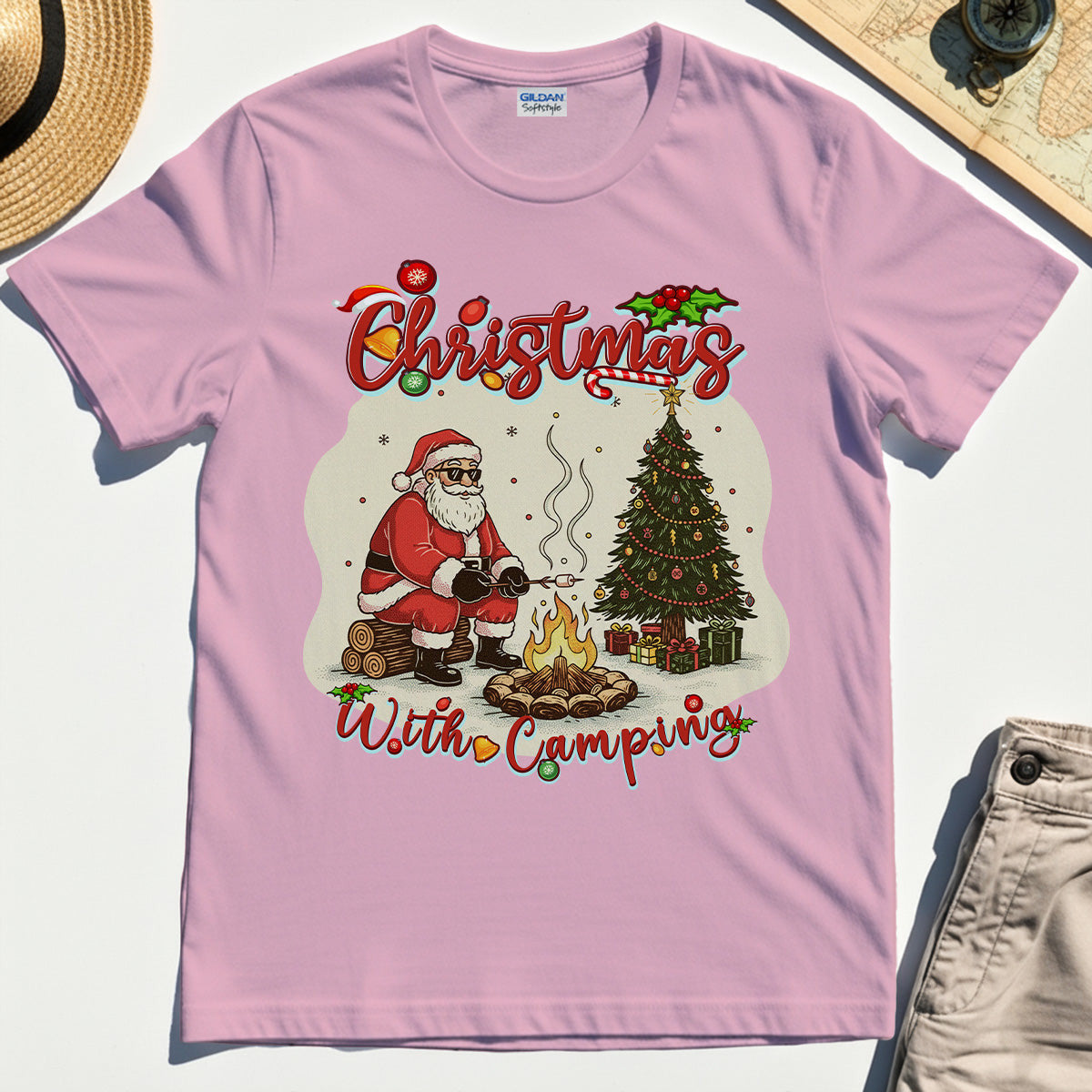 “Christmas With Camping” Santa By Fire Outdoor Tee
