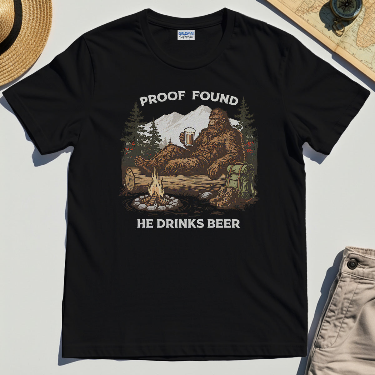 Funny Bigfoot "Proof Found He Drinks Beer" Camping T-Shirt