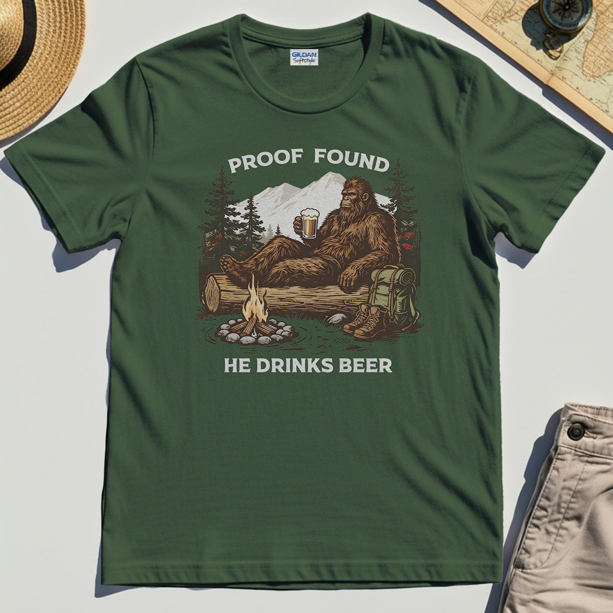 Funny Bigfoot "Proof Found He Drinks Beer" Camping T-Shirt