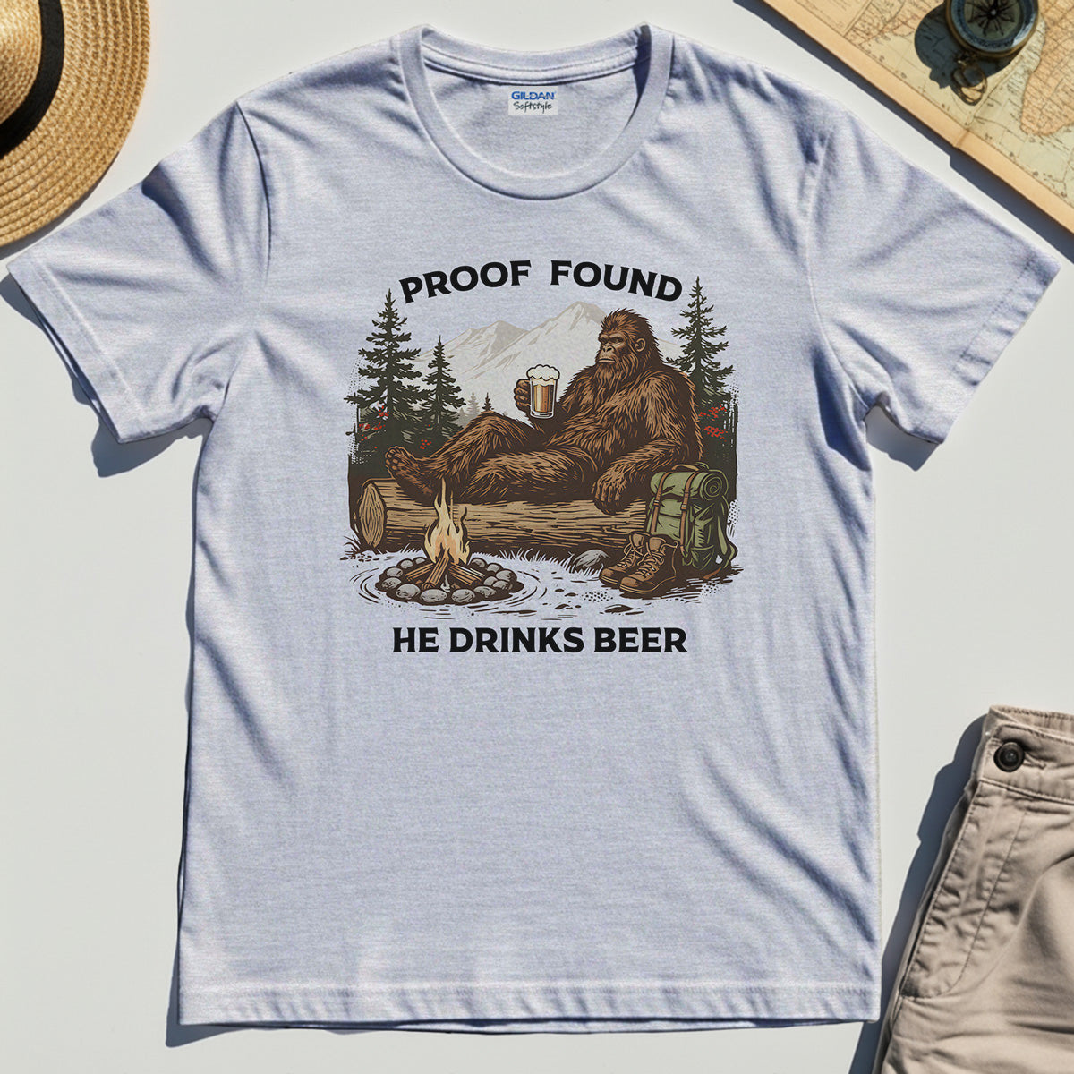 Funny Bigfoot "Proof Found He Drinks Beer" Camping T-Shirt