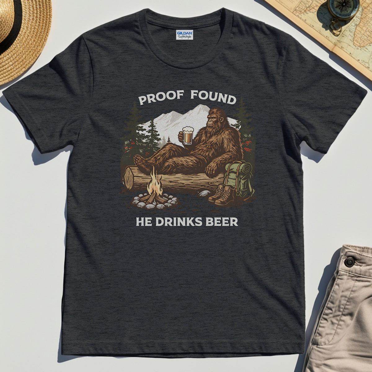 Funny Bigfoot "Proof Found He Drinks Beer" Camping T-Shirt