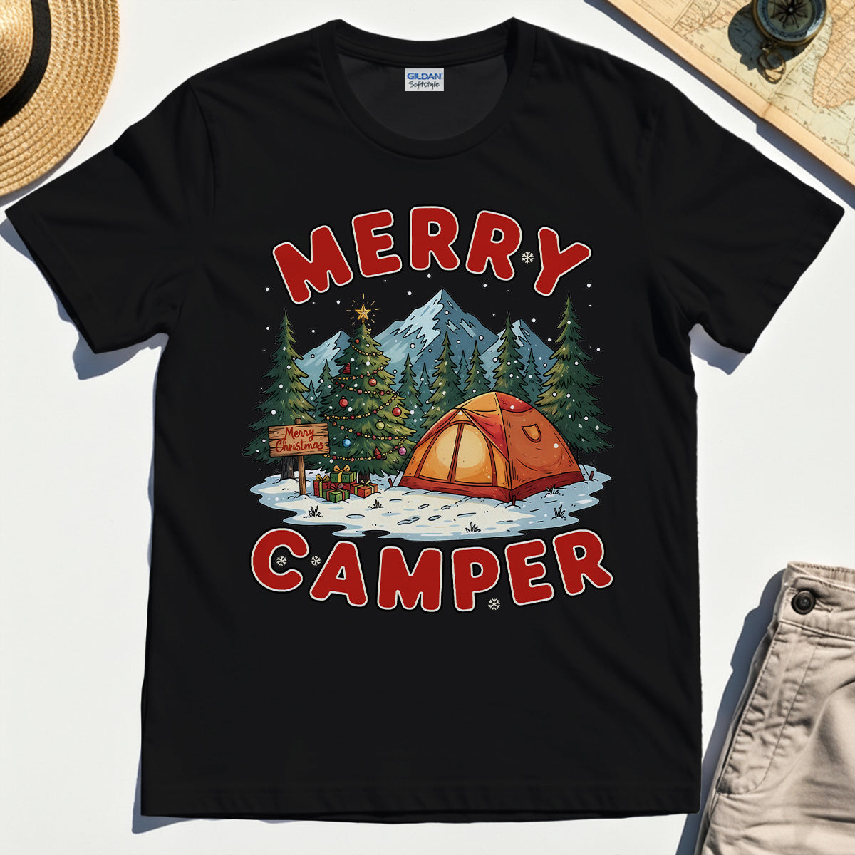 Retro Merry Camper Holiday Mountain Camping Tee