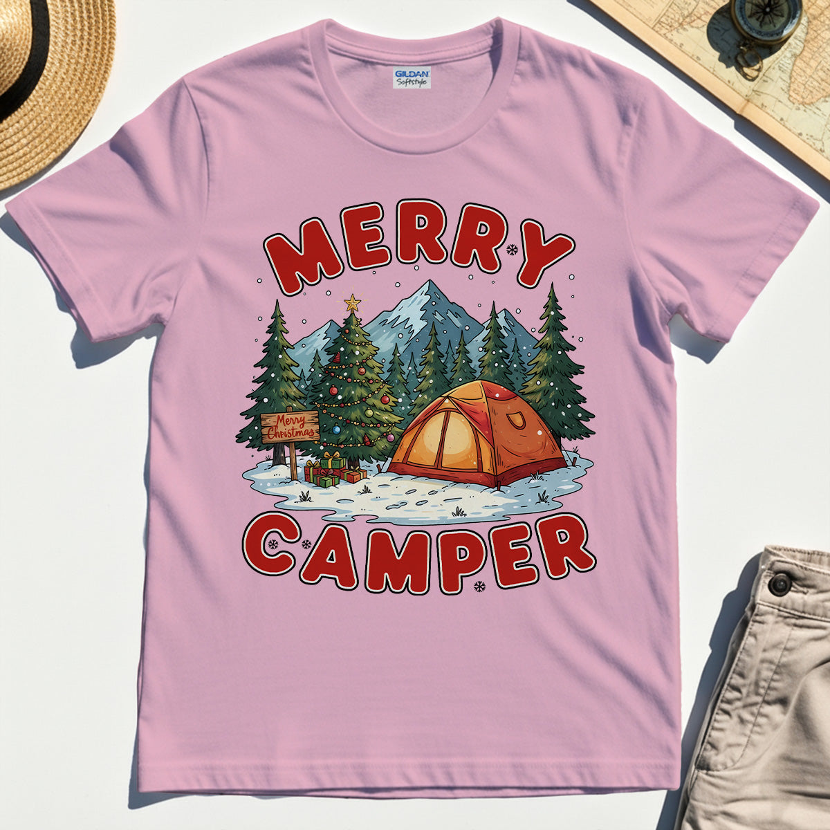 Retro Merry Camper Holiday Mountain Camping Tee