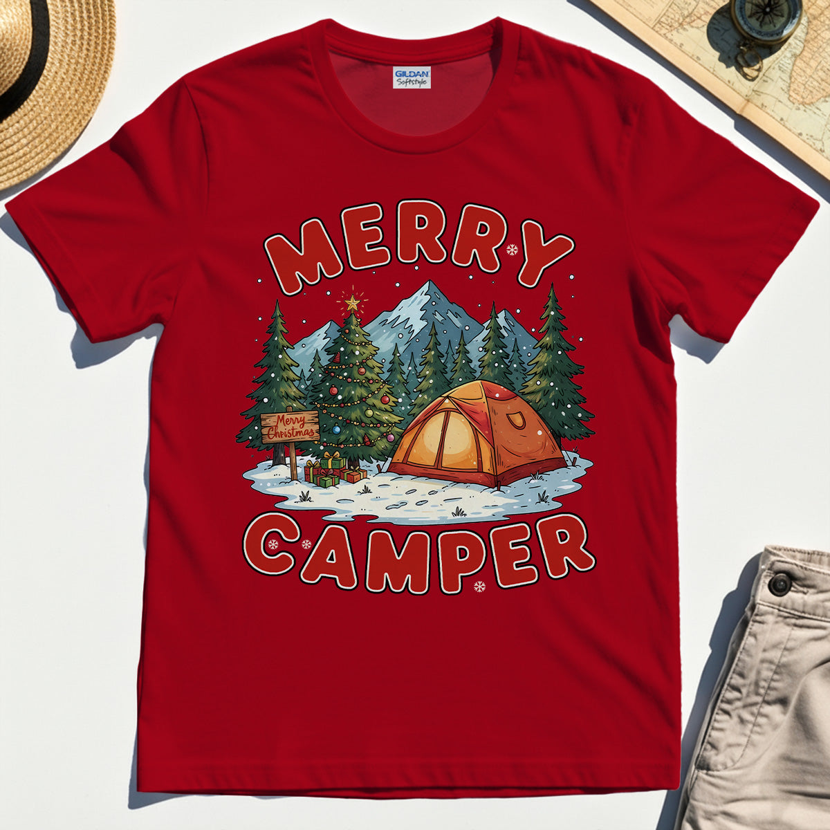 Retro Merry Camper Holiday Mountain Camping Tee