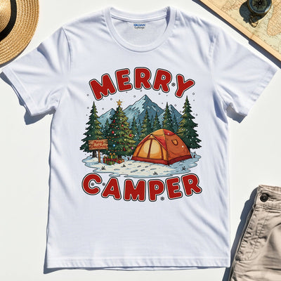 Retro Merry Camper Holiday Mountain Camping Tee