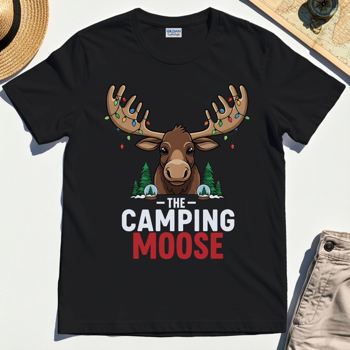 “The Camping Moose” Funny Camper Christmas Holiday Outdoor T-Shirt