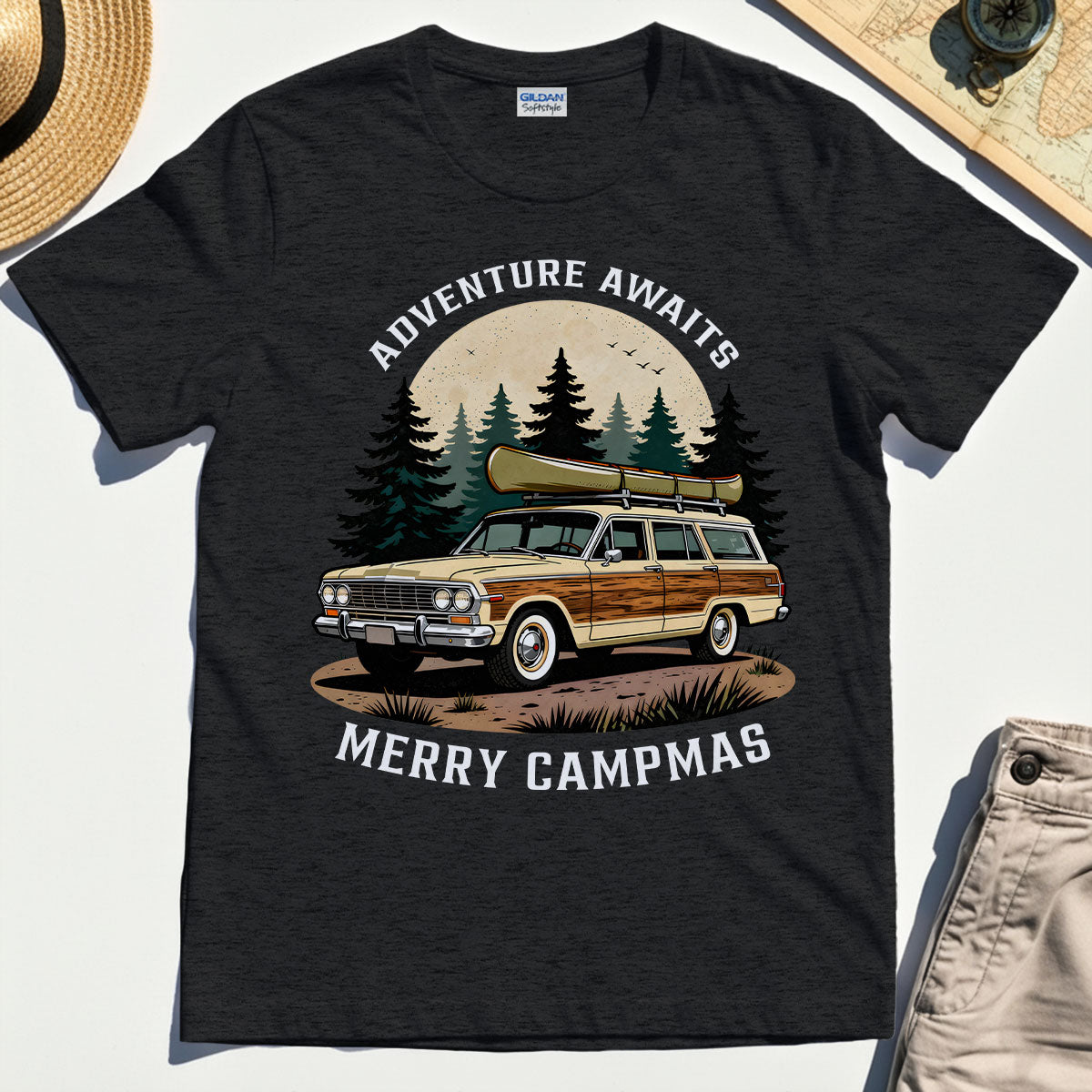 Retro “Adventure Awaits” Woodie Camping T-Shirts