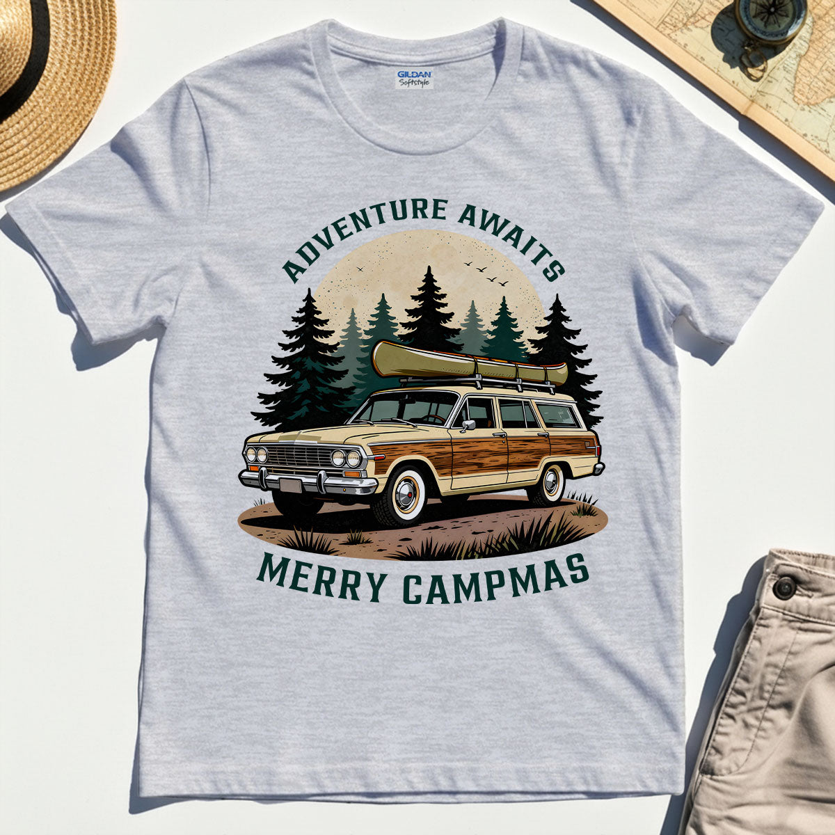 Retro “Adventure Awaits” Woodie Camping T-Shirts
