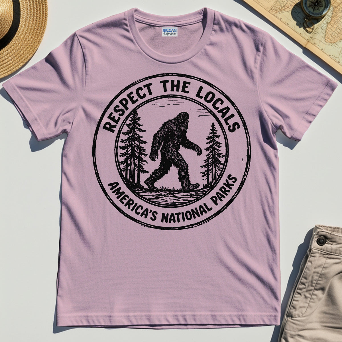 Retro Respect the Locals Bigfoot T-Shirt, Funny Sasquatch National Park Camping Tee