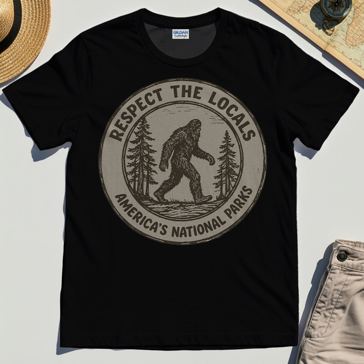 Retro Respect the Locals Bigfoot T-Shirt, Funny Sasquatch National Park Camping Tee