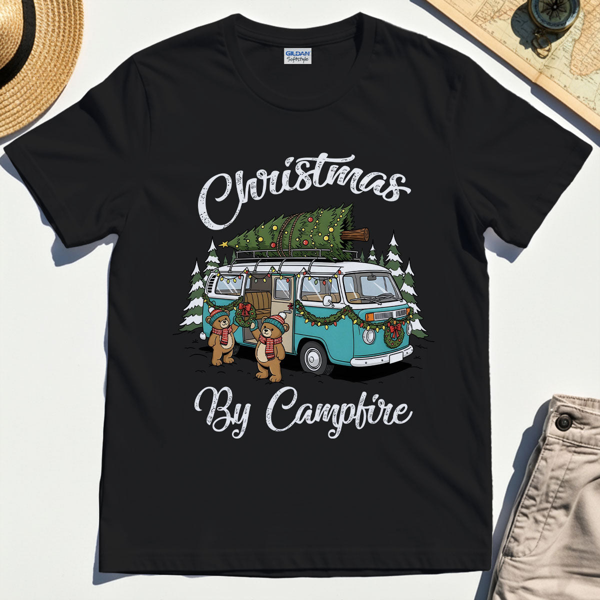 “Christmas By Campfire” Retro Van With Tree T-Shirt