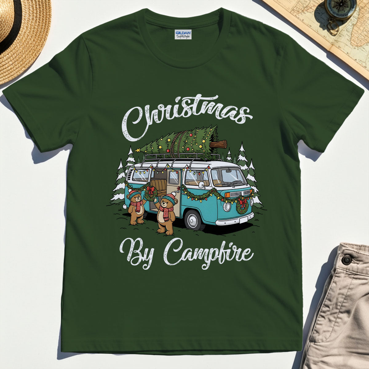 “Christmas By Campfire” Retro Van With Tree T-Shirt