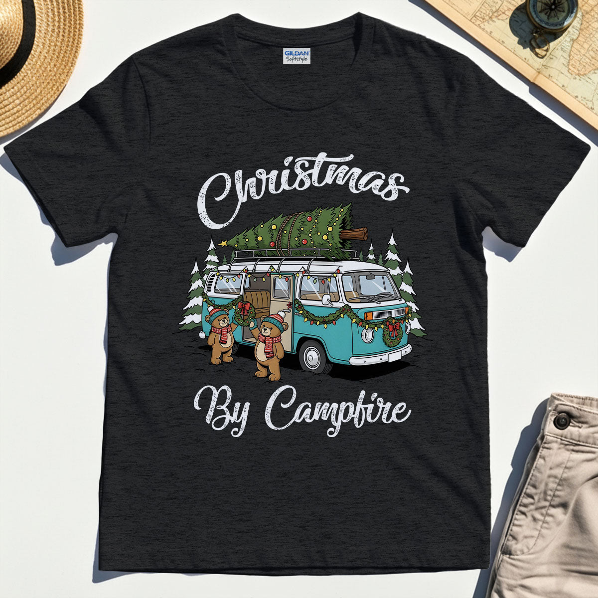 “Christmas By Campfire” Retro Van With Tree T-Shirt