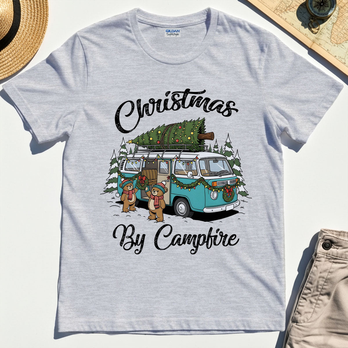 “Christmas By Campfire” Retro Van With Tree T-Shirt