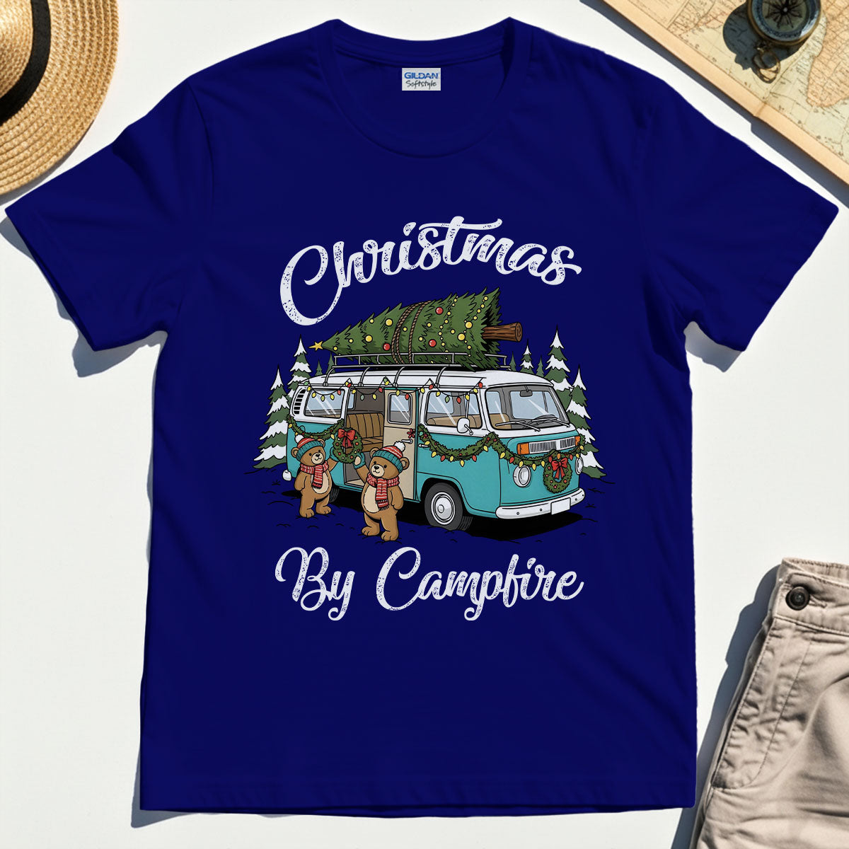 “Christmas By Campfire” Retro Van With Tree T-Shirt