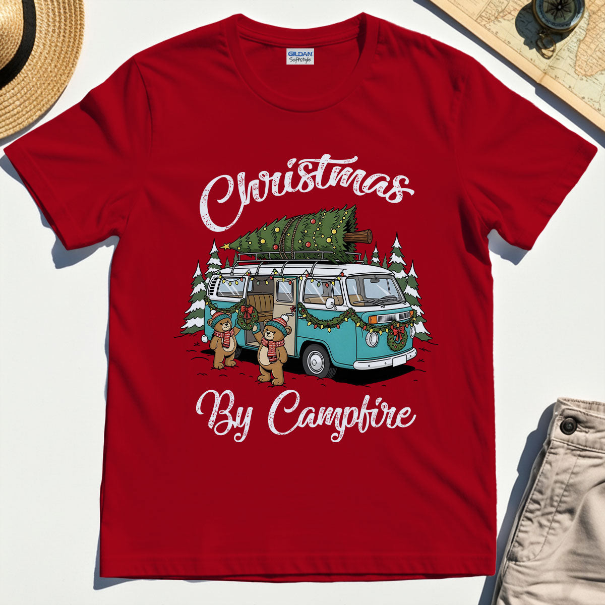 “Christmas By Campfire” Retro Van With Tree T-Shirt