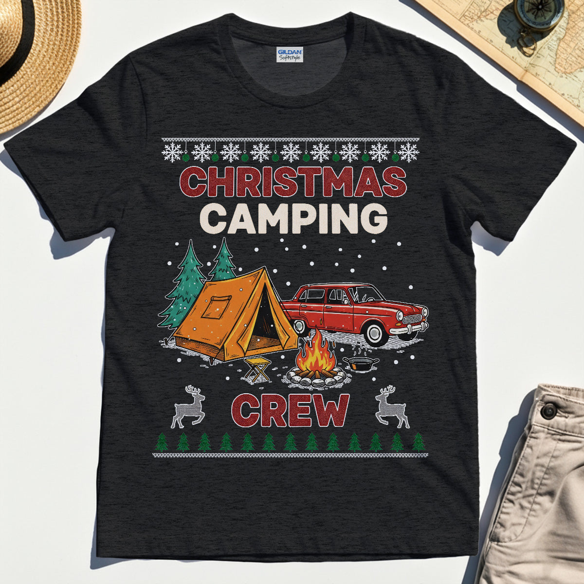 Retro Red Car Cream Christmas Camping Crew T-Shirts