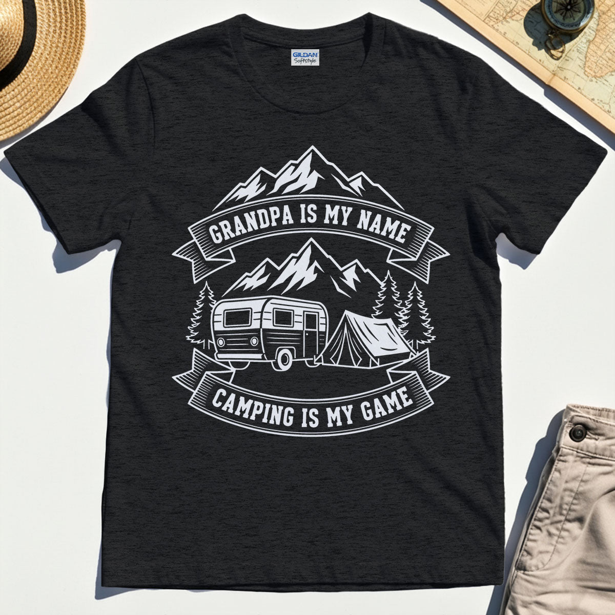 "Grandpa Is My Name Camping Is My Game"""""""" Adventure T-Shirt"""""""