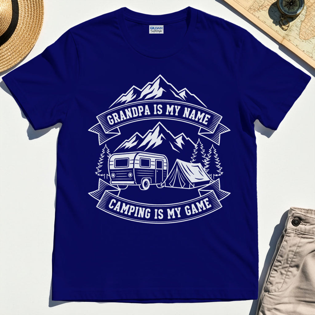 "Grandpa Is My Name Camping Is My Game"""""""" Adventure T-Shirt"""""""