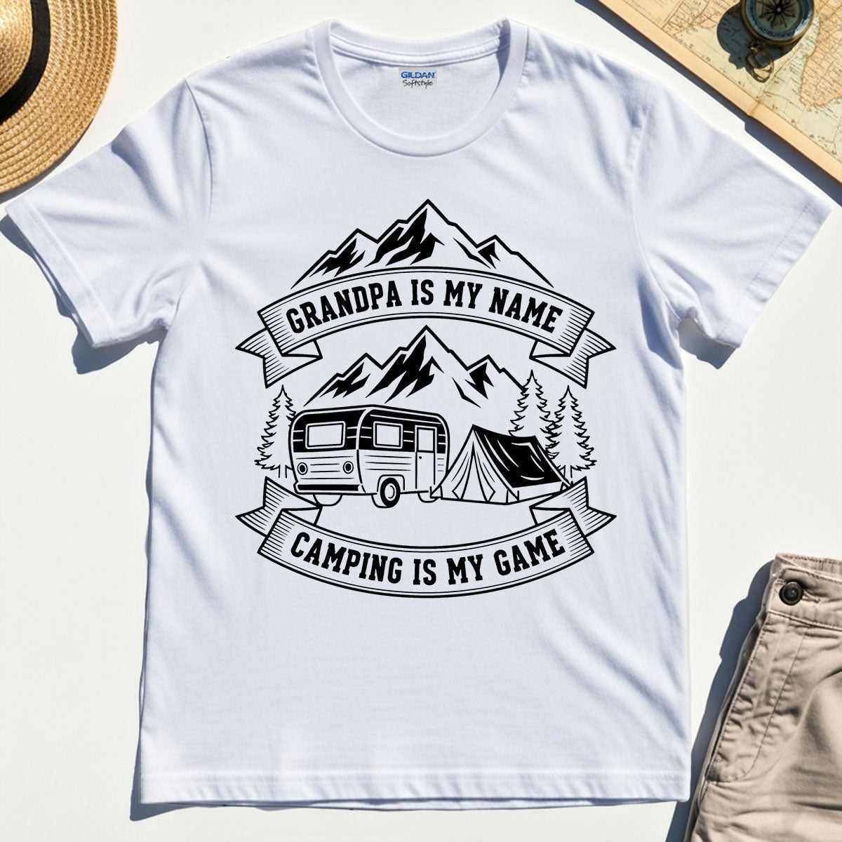 "Grandpa Is My Name Camping Is My Game"""""""" Adventure T-Shirt"""""""
