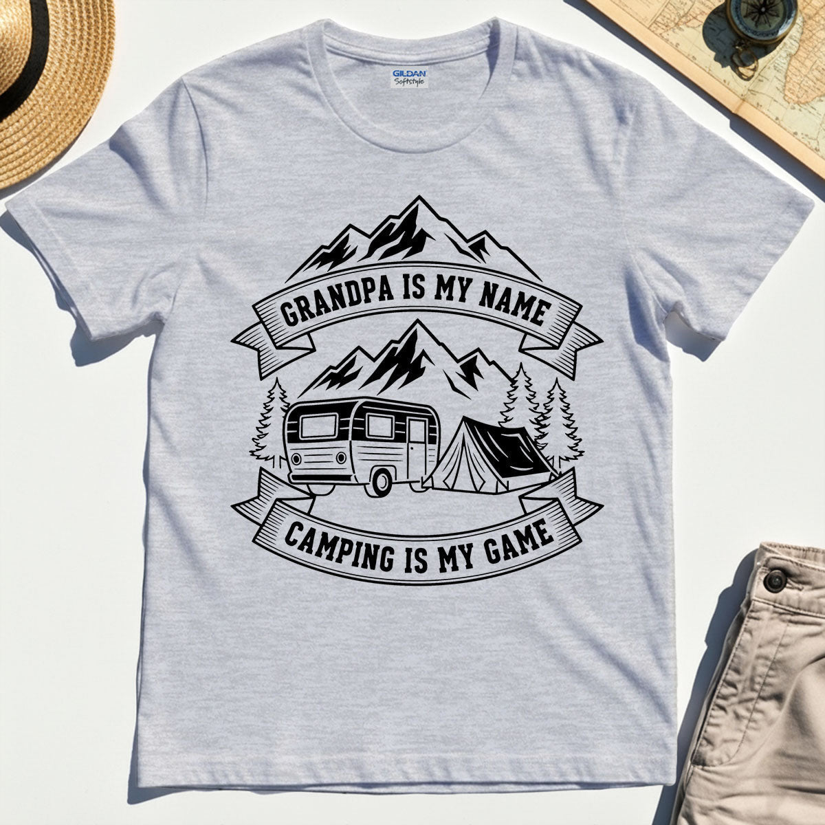 "Grandpa Is My Name Camping Is My Game"""""""" Adventure T-Shirt"""""""