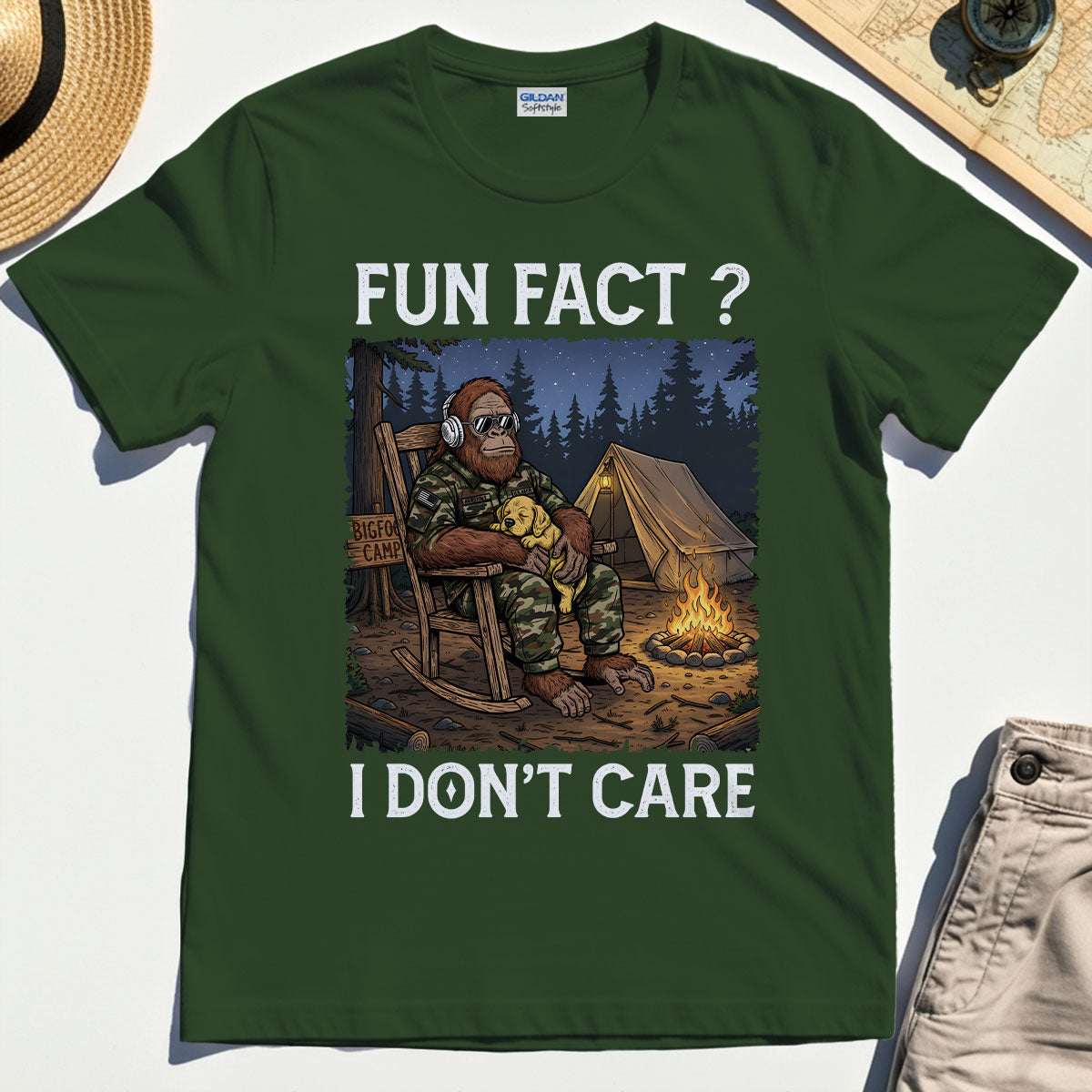 “Fun Fact? I Don’t Care” Funny Bigfoot Camping T-Shirt