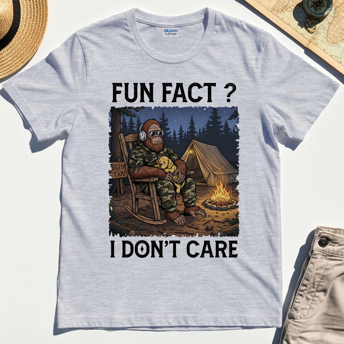 “Fun Fact? I Don’t Care” Funny Bigfoot Camping T-Shirt