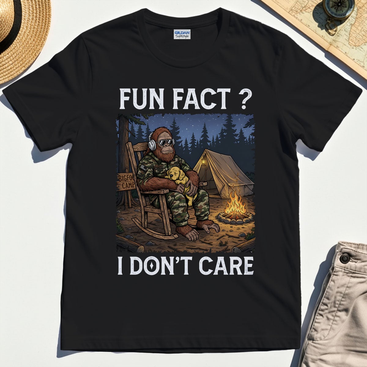“Fun Fact? I Don’t Care” Funny Bigfoot Camping T-Shirt