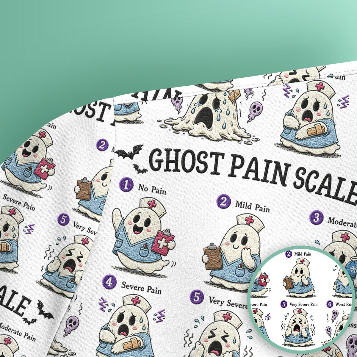 Funny Ghost Pain Scale Pattern Scrub Top, Comfortable Scrubs for Nurses